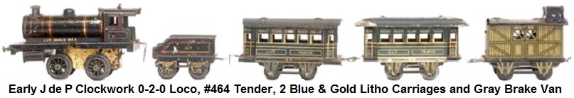JEP J de P, small train with mechanical locomotive 020 black #464, two blue and gold carriages lithographed and a gray van