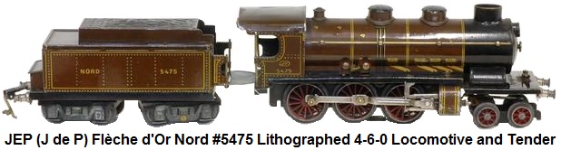 J de P locomotive dite petite Flèche d'Or type 230, lithographiée marron et or, réf. 5475 et son tender Nord