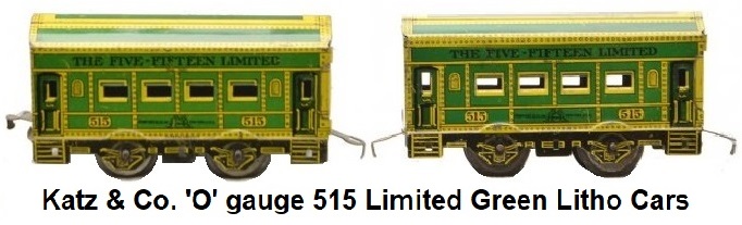 Katz & Co. 'O' gauge tin plate lithographed 4-wheel #515 passenger coaches