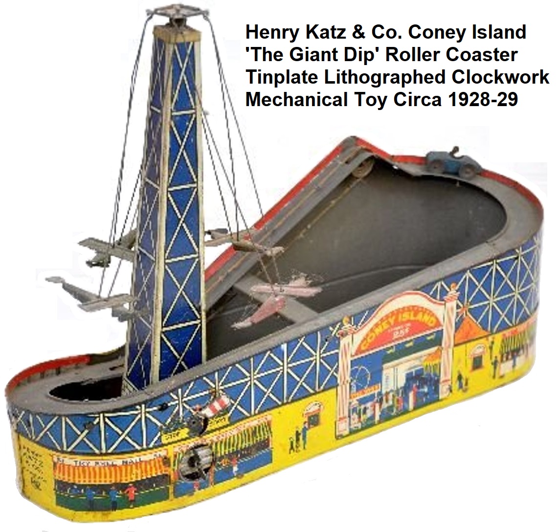 Henry Katz & Co. Tinplate Lithographed 'The Giant Dip' Coney Island Roller Coaster Toy circa 1928-29