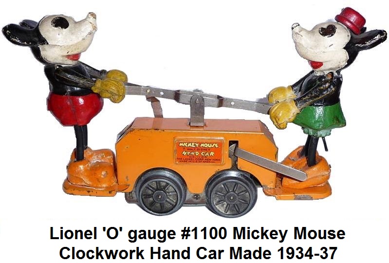 Lionel 'O-27' gauge #1100 Mickey & Minnie Mouse clockwork handcar from 1934