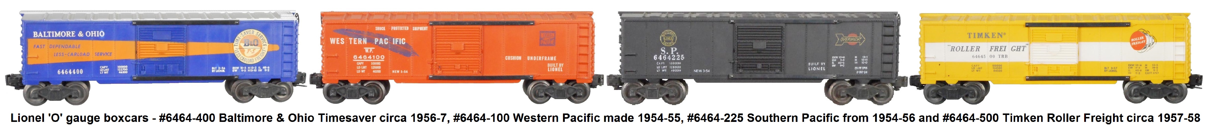 Lionel 6464 series box cars from the post-war era.
