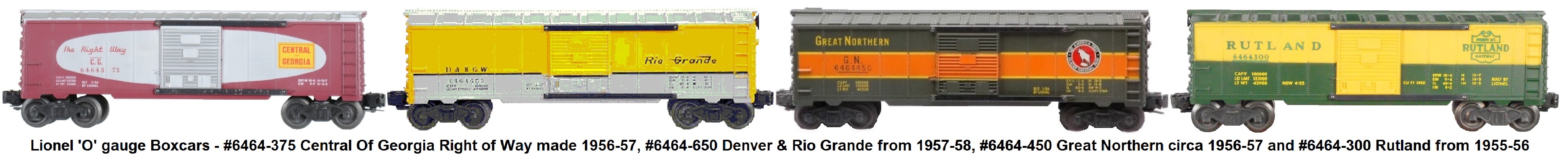 Lionel 6464 series box cars from the post-war era.