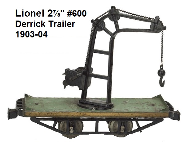 Lionel 2⅞ inch gauge trailer Crane Car has cast iron frame with tin platform with hand crank and ratchet brake