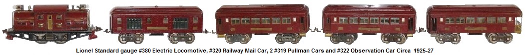 Lionel Standard gauge #380 locomotive, #320 railway mail car, 2 #319 Pullman cars and #322 observation car circa 1925-27