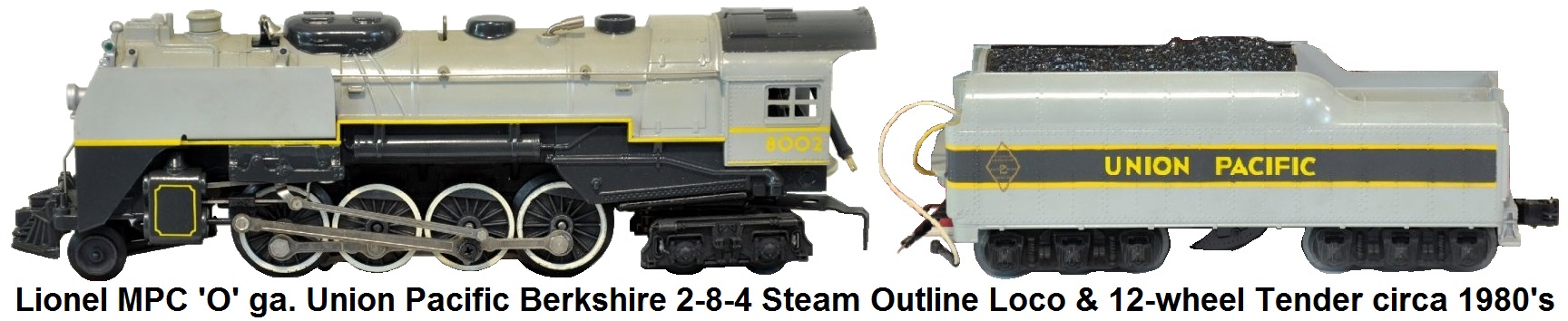 Lionel MPC 'O' gauge #6-8002 Berkshire 2-8-4 steam outline locomotive and 12-wheel tender circa 1980