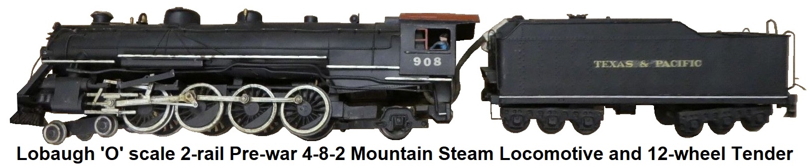 Lobaugh 'O' scale 2-rail pre-war 4-8-2 Mountain Steam loco and 12-wheel tender
