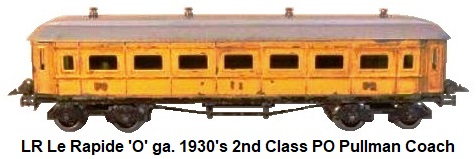 LR Le Rapide 'O' gauge 1930's PO 2nd Class Bogie Pullman Passenger Coach