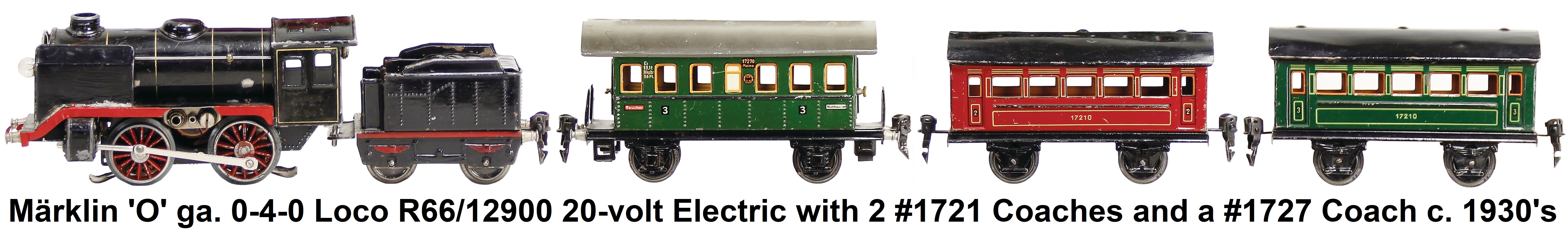 Märklin 'O' gauge 0-4-0 R66/12900 20-volt electric with 2 #1721 coaches and a #1727 coach c.1930's