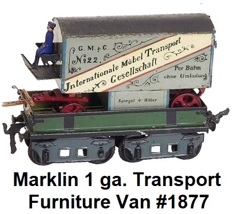 Märklin 1 gauge #1818 Flatbed wagon with #1877 Internationale Mobel Transport Gessellschaft - G.M. & C. No. 22