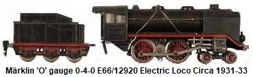 Märklin 'O' gauge 0-4-0 E66/12920 electric loco & & es929 tender pre-World War II era 1931-33