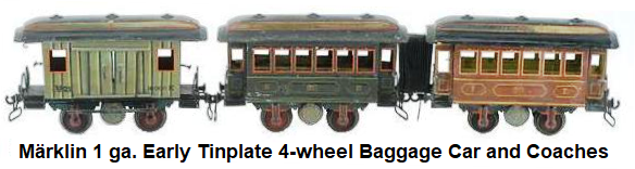 Märklin early tinplate 4 wheel baggage car and coaches in gauge 1