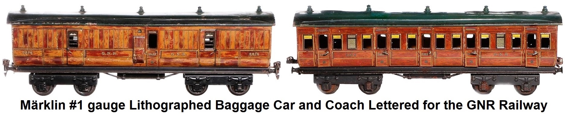 Märklin #1 gauge lithographed baggage and coach lettered for GNR railway