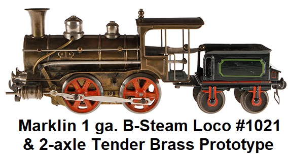 Märklin 1 gauge clockwork #1021 0-4-0 brass prototype B-steam outline locomotive and 2-axle tender