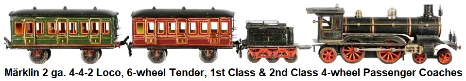 Märklin 2 gauge 4-4-2 Loco, 6-wheel Tender, 1st class and 2nd class 4-wheel tinplate passenger coaches
