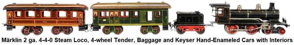 Märklin 2 gauge 4-4-0 steam loco with 4-wheel tender, baggage and Keyser hand enameled cars with interiors
