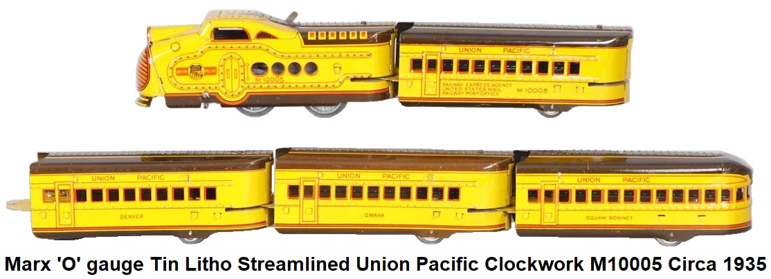 Marx tinplate lithographed clockwork powered Union Pacific M-10005 streamliner in 'O' gauge circa 1935