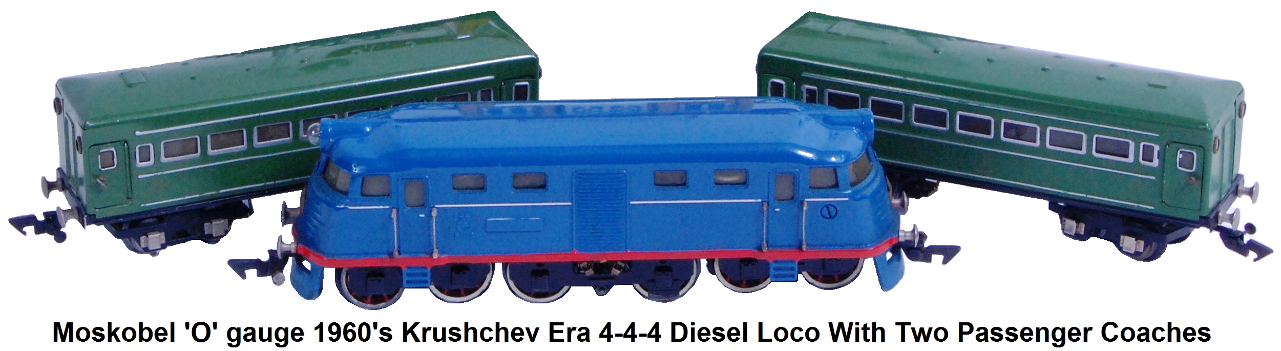 Moskobel Soviet Khrushchev Era 'O' gauge 4-4-4 Diesel Loco and 2 tin-plate passenger cars from the 1960's