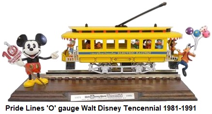 Pride Lines 'O' gauge Walt Disney Tencennial 1981-1991 trolley with figures and display board