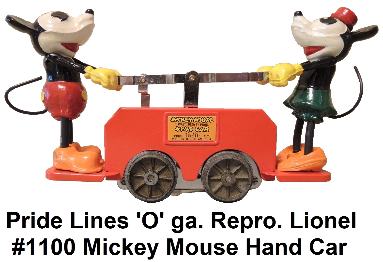 Pride Lines 'O' gauge reproduction Lionel #1100 Mickey Mouse and Minnie Mouse hand car electric powered
