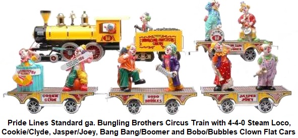 Pride Lines Standard gauge Bungling Bros. Circus Band Express train set with a 4-4-0 steam loco, tender, Cookie and Clyde, Jasper and Joey, Bang-Bang and Boomer and Bobo and Bubbles clown flatcars.