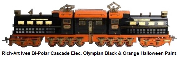 Rich-Art Wide gauge Bi-Polar Cascade Electric Centipede Olympian Black and Orange Halloween Paint Scheme early version with 4-wheel pilot trucks