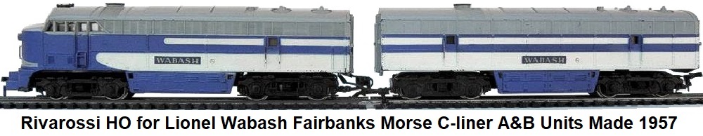 Rivarossi HO for Lionel Fairbanks Morse C-liner A&B diesel units in Wabash livery made circa 1957