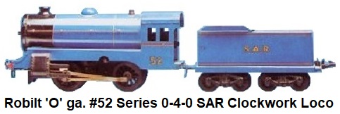 Robilt 'O' gauge #52 Series 0-4-0 clockwork loco & 8-wheeled SAR tender