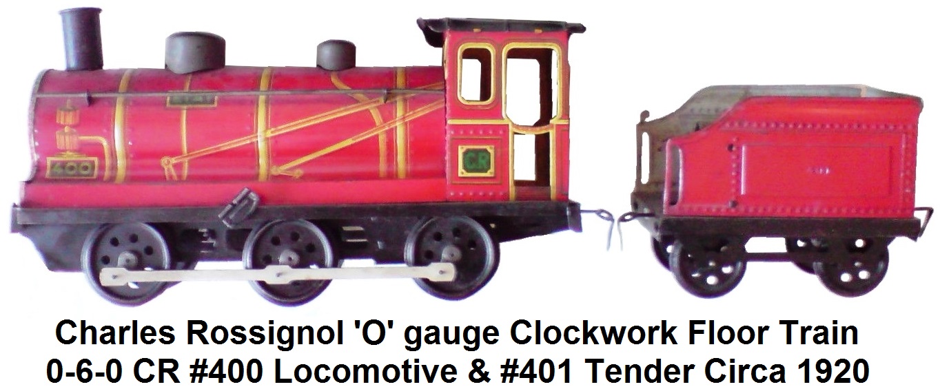 Rossignol Clockwork Floor Train 0-6-0 loco cr #400 and #401 tender circa 1920