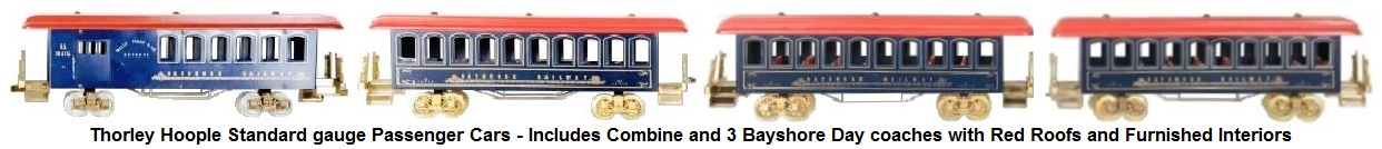 Thorley Hoople Toy Train Company Standard gauge Passenger Cars with red roofs - a combine car and 3 Bayshore day coaches with interiors