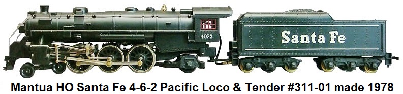 Mantua HO Santa Fe 4-6-2 Pacific Steam Loco & Tender #311-01 released in 1978