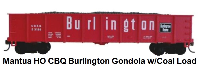 Mantua HO scale CBQ Burlington 43' Gondola with coal load #731-062 circa 1994