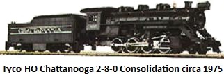 Tyco Chattanooga 2-8-0 Consolidation Steam Engine and Tender with Smoke in HO circa 1975 catalogue #245-15
