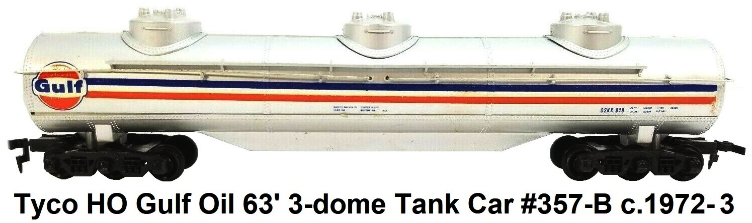 Tyco HO Gulf Oil 63' 12-wheel 3-dome Tank car #357-B c.1972-73