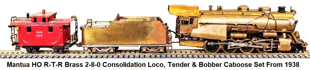 Mantua HO Ready-to-run Brass 2-8-0 Reading Consolidation Steam Locomotive, tender and bobber caboose set circa 1938
