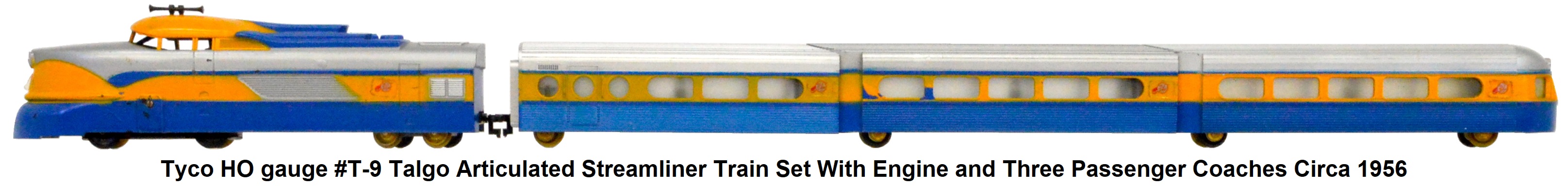 Tyco HO gauge #T-9 Talgo Articulated Streamliner Train Set with Engine and 3 passenger coaches circa 1956