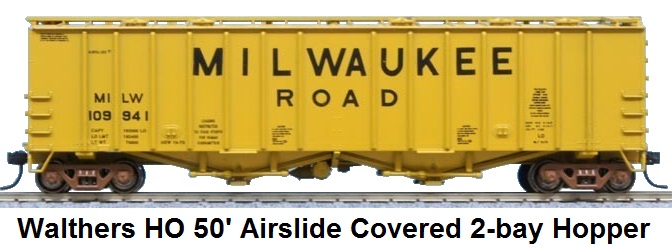 Walthers HO scale 50' Airslide covered 2 bay hopper - Milwaukee road stock #932-3653 with sprung trucks released in 1986