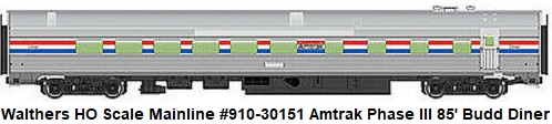 Walthers HO scale Mainline #910-30151 Amtrak Phase III 85' Budd Diner