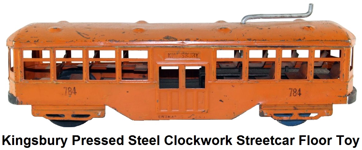 Kingsbury clockwork streetcar painted pressed steel, interior seats