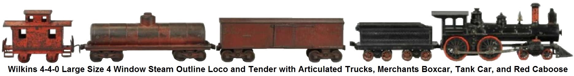 Wilkens 4-4-0 large size four window cab and tender with articulated trucks together with, tank car, merchants box car and red caboose
