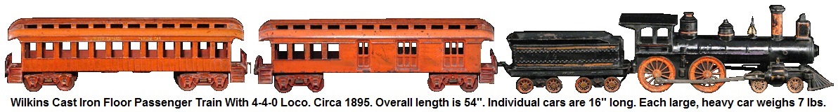 Wilkins, cast iron floor train circa 1895 length is 54 inches individual cars are 16 inches long, each car weighs about 7 lbs