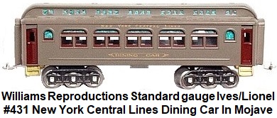 Williams Reproductions Ltd. Standard gauge Ives/Lionel #431 New York Central Lines 12-wheel Dining Car in Mojave