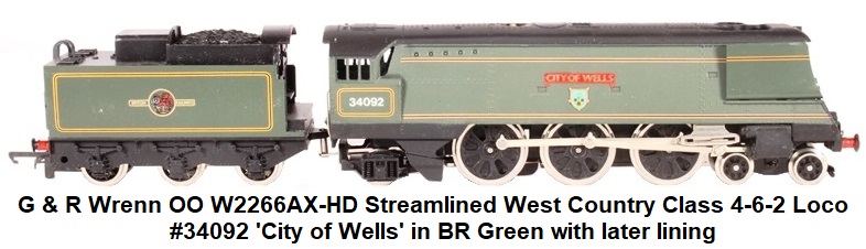 G & R Wrenn Railways OO/HO gauge W2266AX-HD Streamlined West Country Class 4-6-2 34092 'City of Wells' in BR Green with later lining