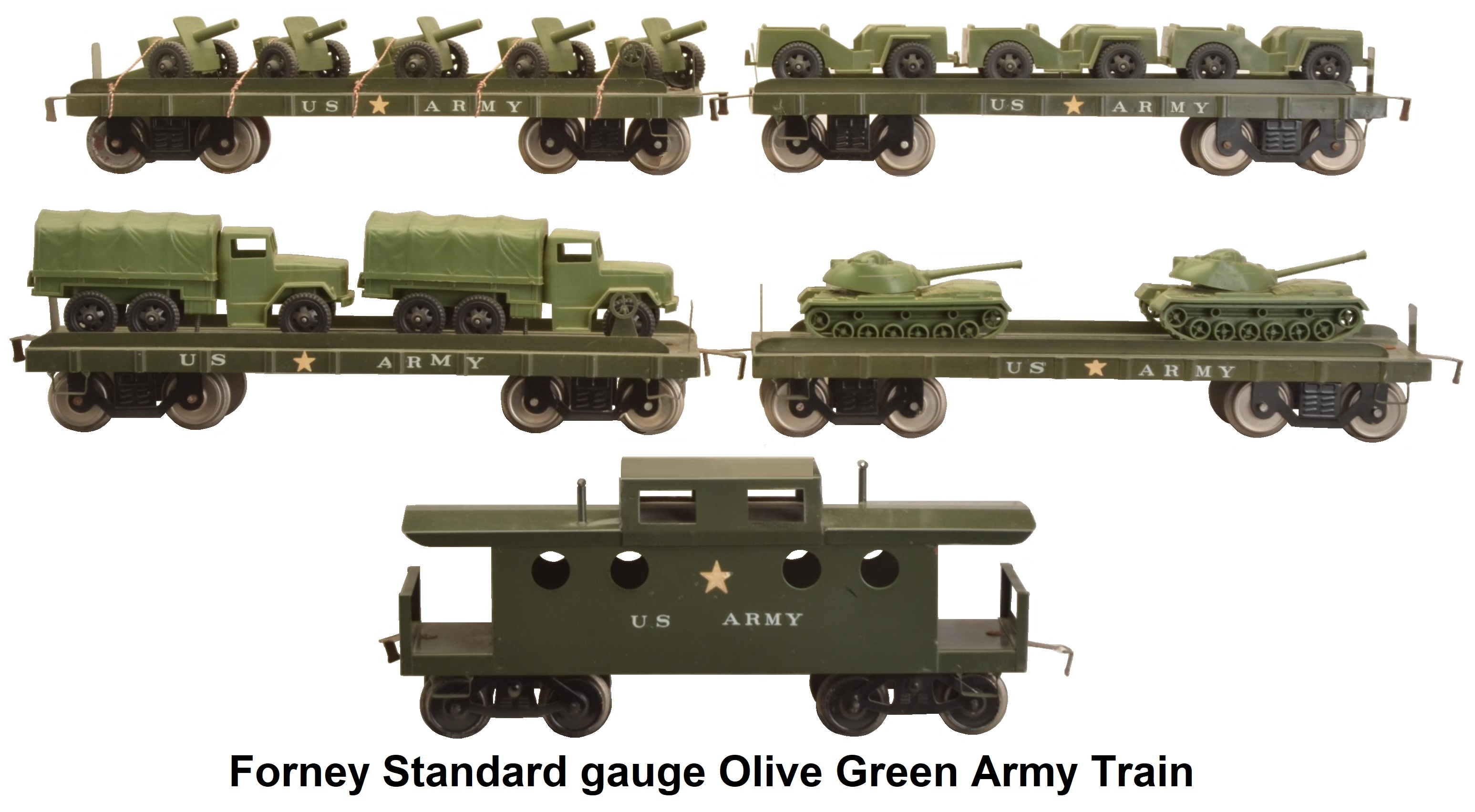 Forney Standard gauge Olive Green Army Train Set of five Freight Cars