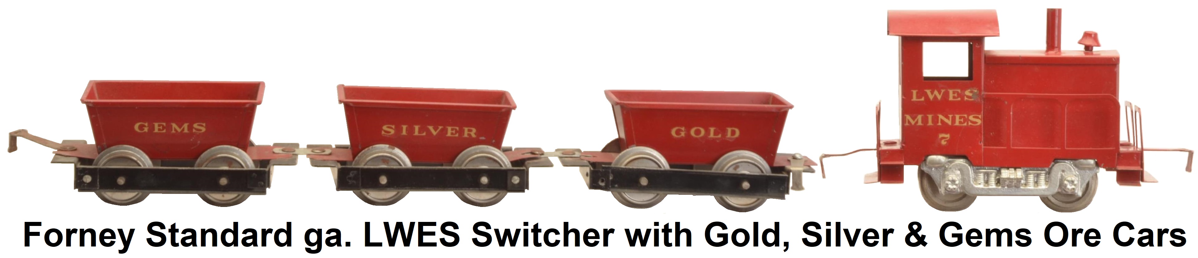Red Forney Loco Works Standard gauge Red LWES Switcher with Gold, Silver, and Gems Ore Cars